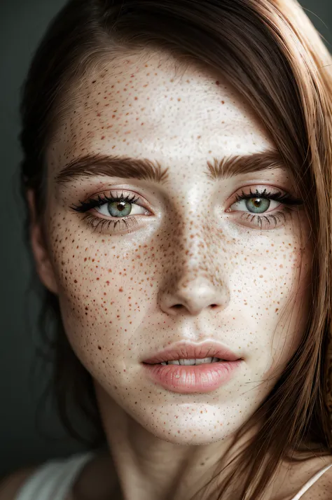 a close up of a woman with freckles on her face, light freckles, woman ...