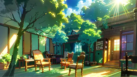 there is a room with a bed, desk, chair and a window, bedroom in studio ghibli, anime background art, a sunny bedroom, studio ghibli sunlight, personal room background, anime background, studio ghibli environment, anime scenery, studio glibly makoto shinka...