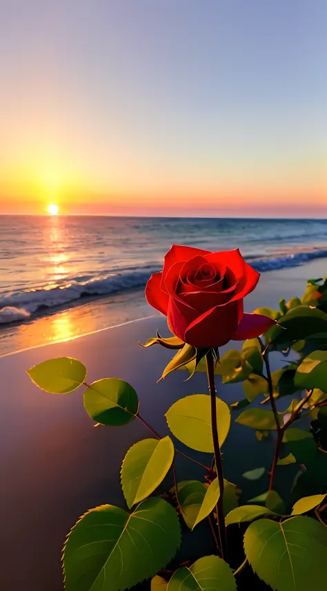 Close-up, a rose, background is a gorgeous morning by the sea, real texture, warmth