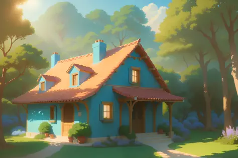 "Smooth and high-resolution 8k UltraHD Mediterranean-style scene with beautiful light blue walls (weighted by 1.2). The scenery is bathed in natural light as if it's a beautiful sunny day. The style is akin to Ghibli's whimsical animation style with an ani...