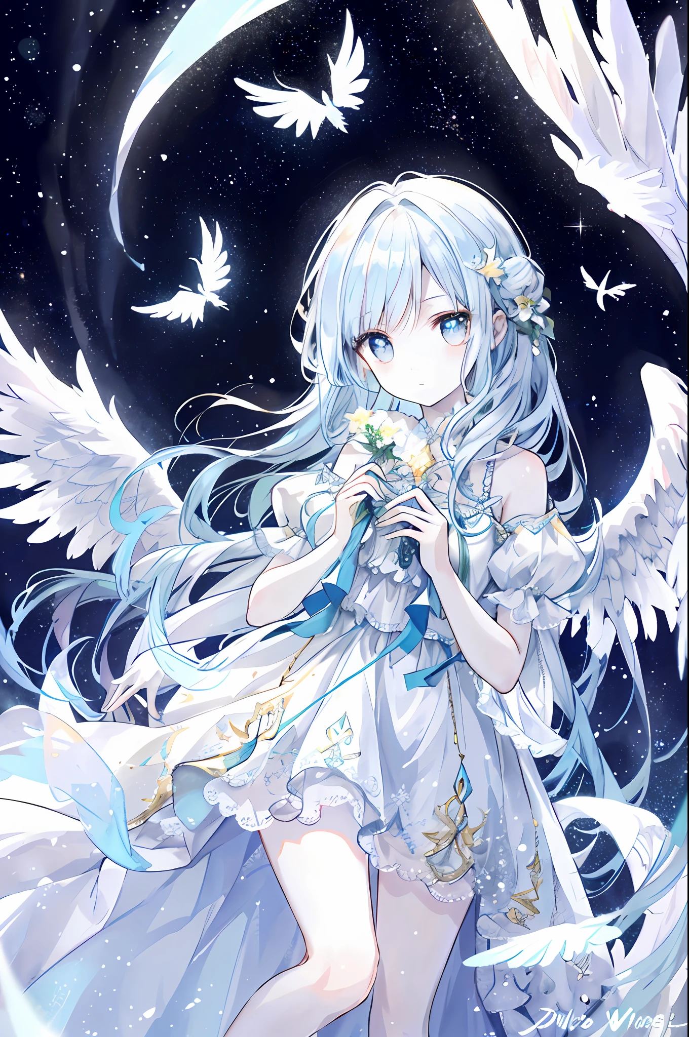 An angel is depicted with a pale and luminous complexion, their skin seemingly glowing with an otherworldly radiance. They are adorned with a pair of sparkling and graceful wings, symbolizing their divine nature. The scene is ethereal and enchanting, capturing the beauty and mystery of these celestial beings. angel, pale, luminous, complexion, glowing, otherworldly, radiance, sparkling, graceful, wings, divine, ethereal, enchanting, beauty, mystery.upper body,