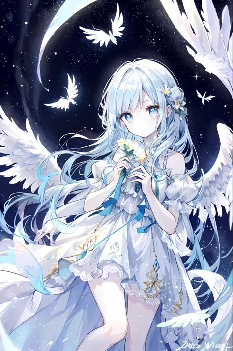 An angel is depicted with a pale and luminous complexion, their skin seemingly glowing with an otherworldly radiance. They are a...