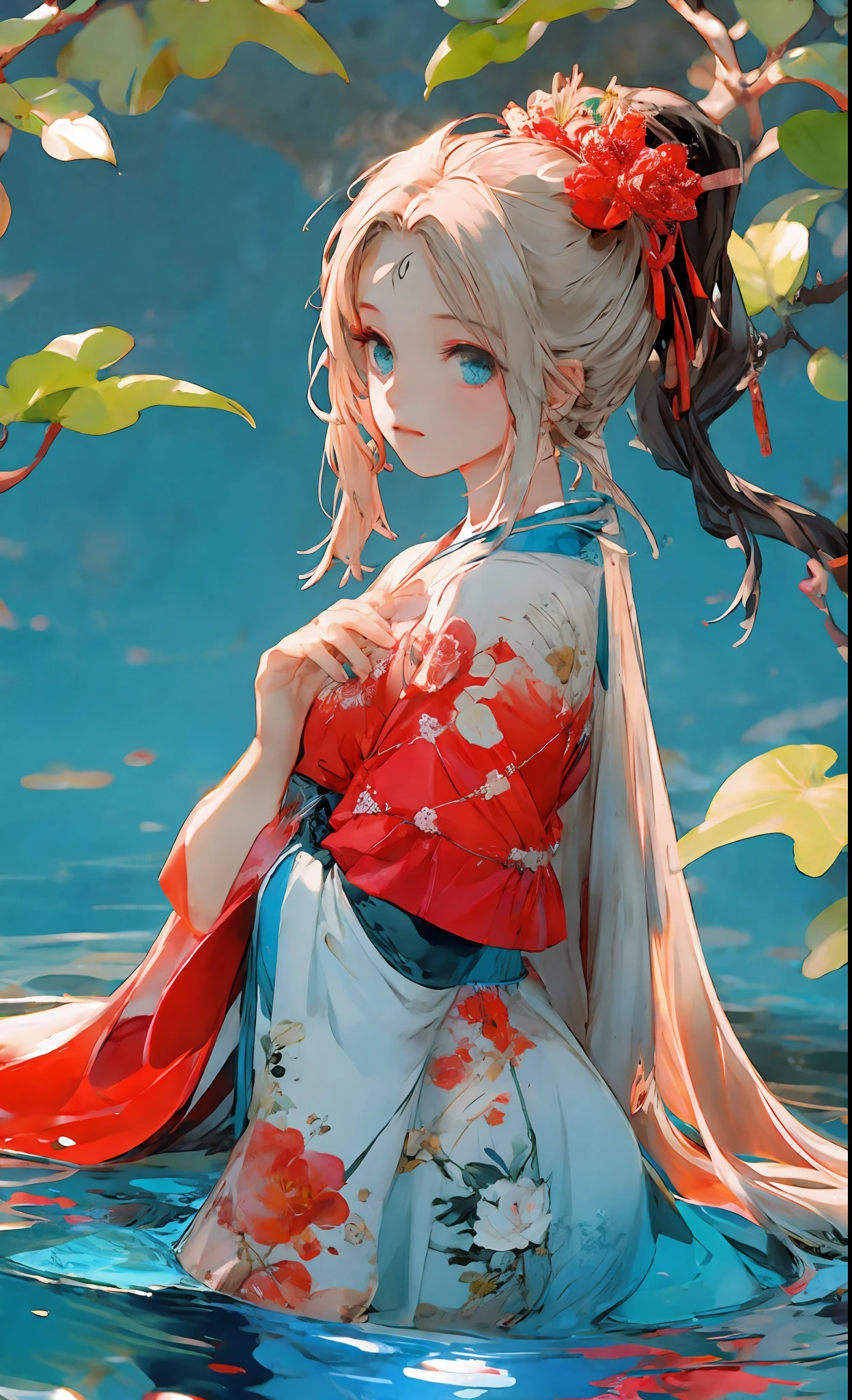 Cold facial features, high nose bridge, slender eyes, hanging eyes, adult female, thirty-year-old female, serious expression, cold, masterpiece, best quality, official art, 8k wallpaper, very detailed, a girl, ancient chinese clothing, full body, sunlight, clear face, clean white background, masterpiece, super detail, epic composition, ultra hd, high quality, extremely detailed, official art, uniform 8k wallpaper, super detail, 32k red pupils, an extremely delicate and beautiful girl, 8k wallpaper, Best quality, full body close-up, white long dress, luxurious silky bright red chiffon flood (illusion, glitter, ultra-thin, soft,) Hanfu illustration, 1 girl, sky blue hair, long hair, detailed eyes, Forrest Gump, bare shoulders, Hanfu, lake, pure, soft smile, bamboo, tea, high quality, masterpiece, masterpiece, exquisite facial features, delicate hair, delicate eyes, delicate colored hair, 4K picture quality, brilliant light and shadow, Tyndall effect, halo, messy hair, youthful state, gorgeous scene, exquisite clothes, chains , feathers, big eyes of ancient Chinese beauties very detailed, digital painting, artstation, concept art, clear focus, illustration, art by Greg Rutkowski and Alphonse Mucha and Victo ngai