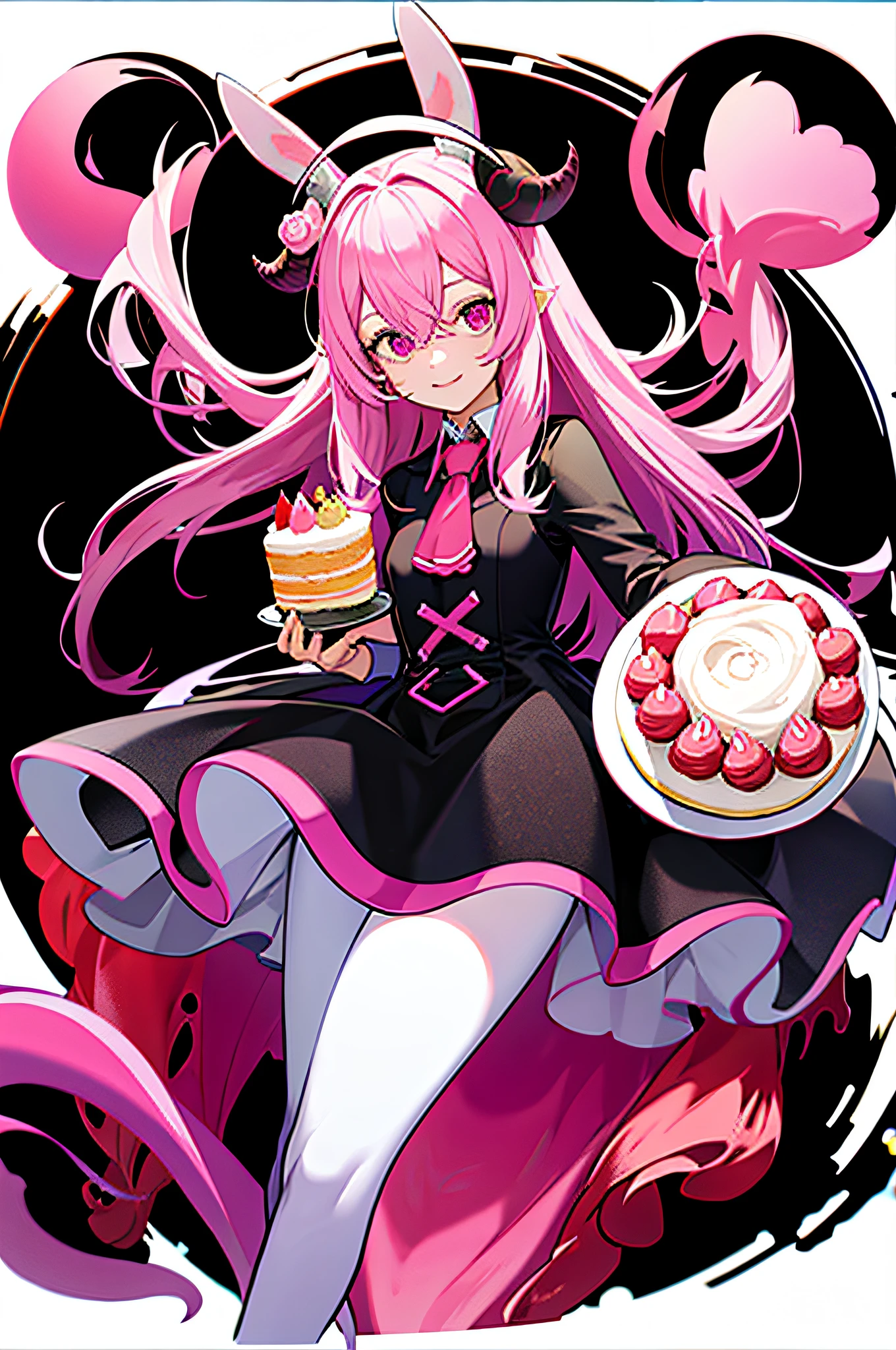 official art, unity 8k wallpaper, ultra detailed, beautiful and aesthetic, High quality, beautiful, masterpiece, best quality, (zentangle, mandala, tangle, entangle:0.6), flat color, limited palette, low contrast, a cute girl serving cake to demons, pink, bright pastel colors, kawaii, (horror), eerie, rabbit skull, goat skull, in hell, creepy, demons, claws, best lighting