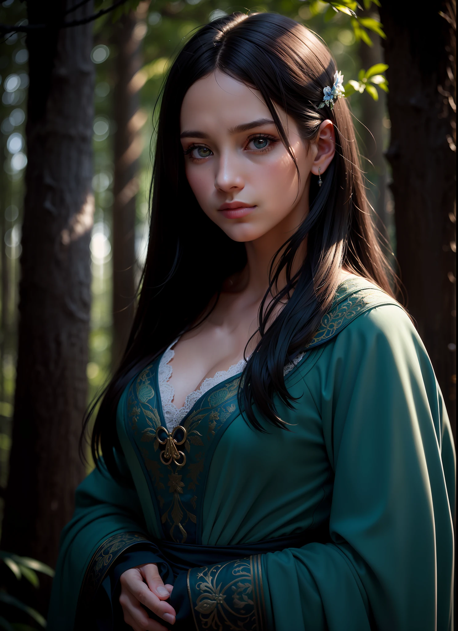 epic realistic, (dark shot:1.4), 80mm, Create a portrait of a woman with long, dark hair. She has a mysterious expression, gazing at the viewer with a slight tilt of her head. She is simply dressed, with an arm wrapped around a tree branch that also resembles a brain cell. The background features a forest of blue, impressionistic leaves, with an eerie white light shining through and a gradient shadow on the top part of the woman's face. Use a backlighting effect to add depth to the image. impressionistic painting style, john singer sarget, anders zorn, blue pallette, wider show with more background and forest, (natural skin texture, hyperrealism, soft light, sharp:1.2), soft light, sharp, exposure blend, medium shot, bokeh, (hdr:1.4), high contrast, (cinematic, teal and orange:0.85), (muted colors, dim colors, soothing tones:1.3), low saturation, (hyperdetailed:1.2), (noir:0.4), (intricate details:1.12), hdr, (intricate details, hyperdetailed:1.15), faded, (neutral colors:1.2), art, (hdr:1.5), (muted colors:1.1), (pastel:0.2), hyperdetailed, (artstation:1.4), warm lights, dramatic light, (intricate details:1.2), vignette, complex background, rutkowski,