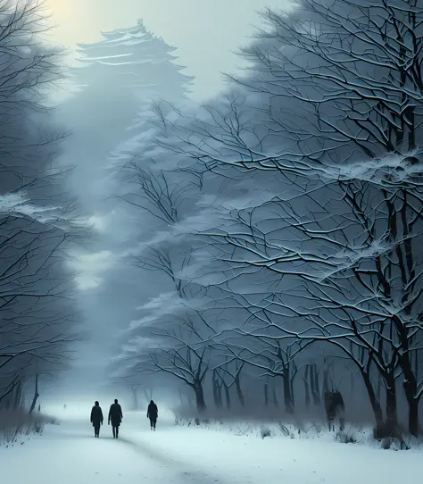 (masterpiece) high-detail raw, ((japan snowy landscape, couple of japan, age 20s, 1 man and 1 woman)), walking through a forest ...