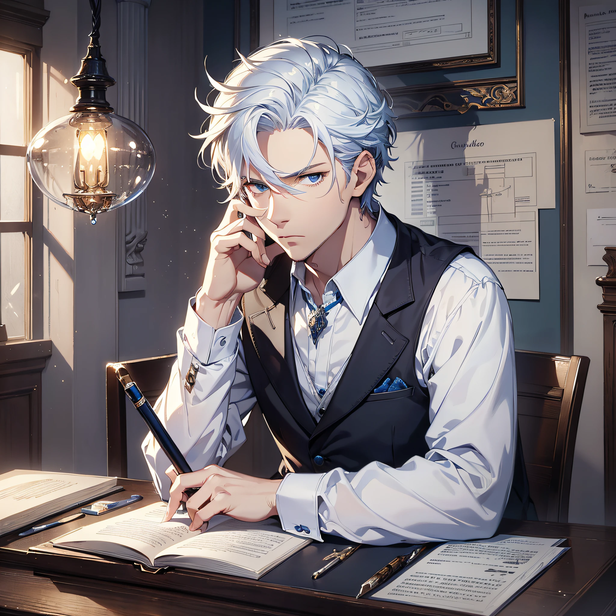 Anime guy with blue hair sitting at a desk writing and talking on a cell  phone - SeaArt AI