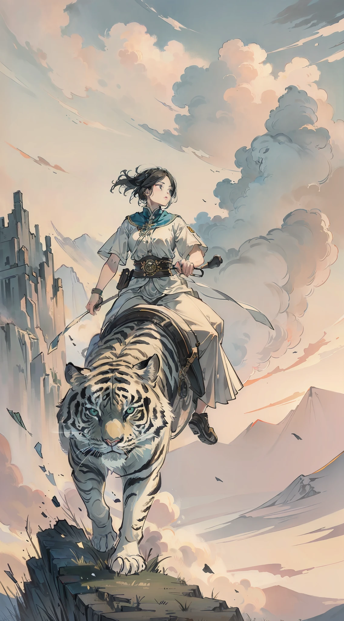 A beautiful woman riding a white tiger, (RAW photo, best quality), (realistic, photo realistic: 1.3), extremely refined and beautiful, amazing, fine detail, masterpiece, hyper detail, high resolution, (best illustration), (best shadow), intricate, clouds, mountains, storm, sunset, (from below: 1.4), sharp focus, volumetric fog, 8k ultra hd, DSLR, high quality, (film grain: 1.4), Fujifilm XT3,