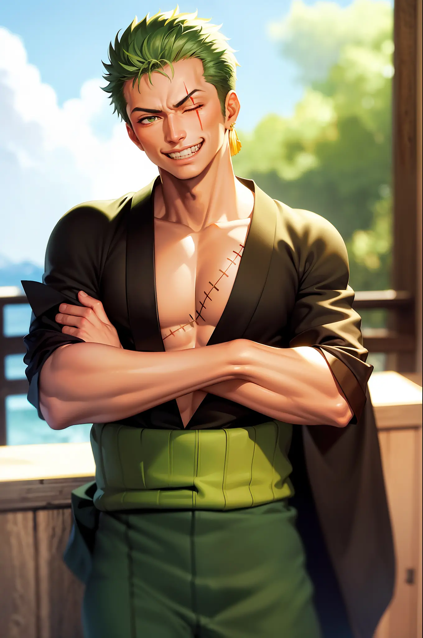 (masterpiece, best quality:1.2), cowboy shot, solo, male focus, 1boy, roronoa zoro, scar, muscular male, grin, looking at viewer...
