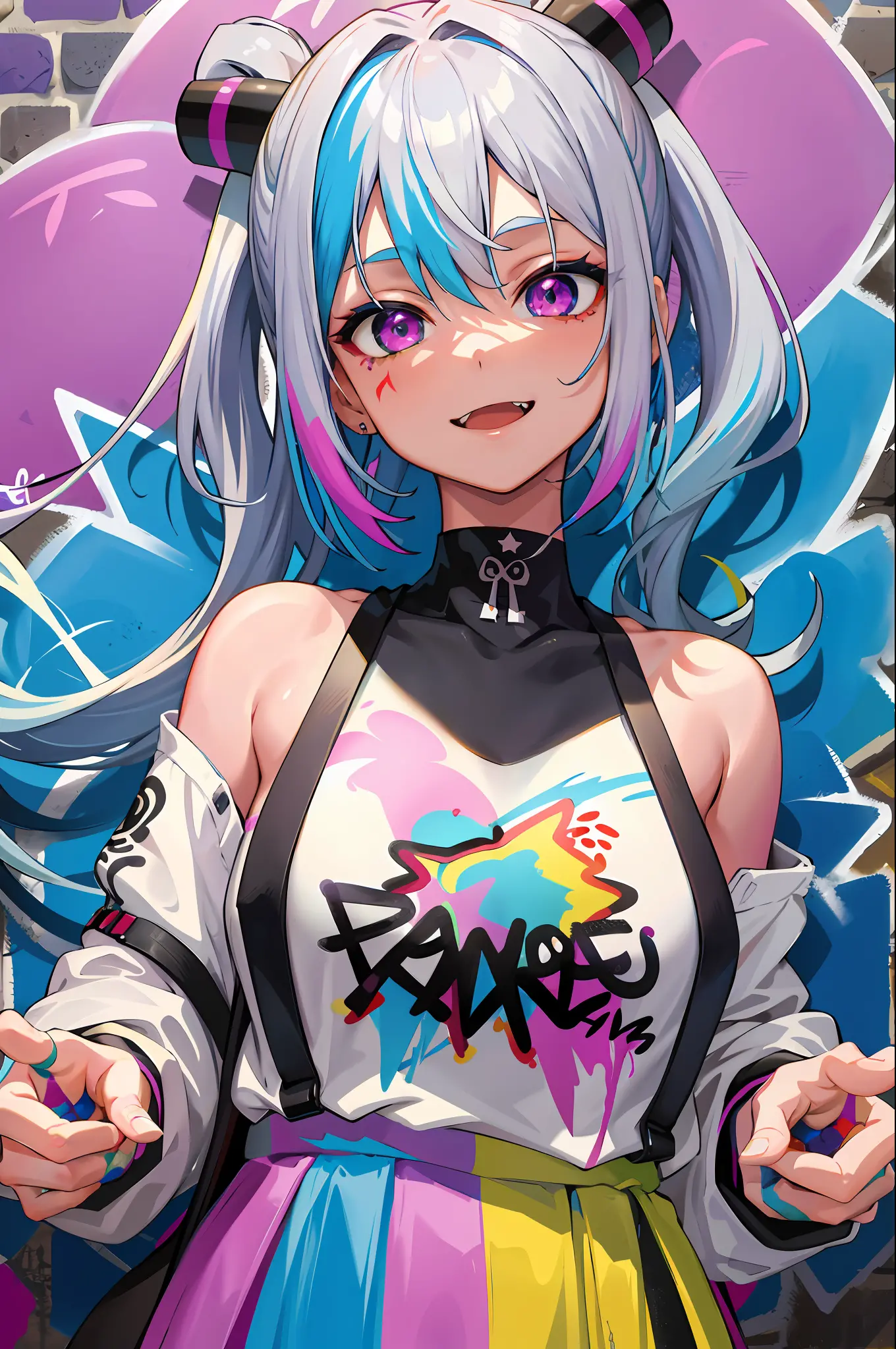 masterpiece, high quality, highres, absurdres, ultra-detailed, 8k, 1girl, medium breasts, platinum grey hair, blue hair, multicolored hair, gradient hair, open mouth, fang, looking at viewer, (holding spray paint can), oversized clothes, colorful eyes, (me...