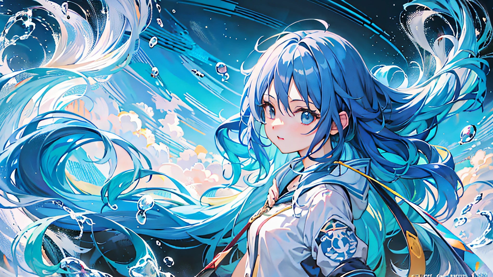 anime girl with blue hair and a backpack in the ocean - SeaArt AI