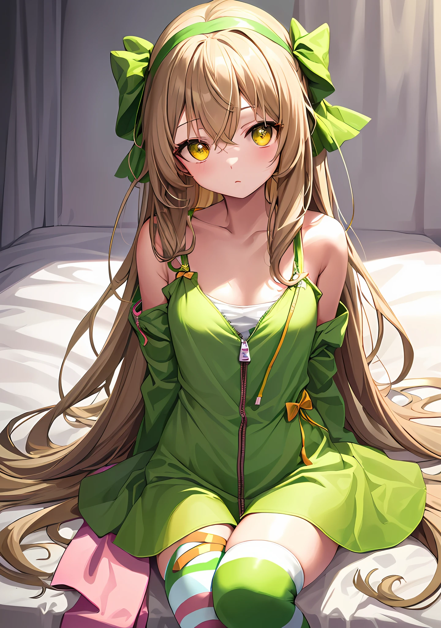 best quality, absurdres, 1girl, nanahi, green hairband bow, very long hair, yellow eyes, (light brown hair:1.1), hair between eyes, small breasts, green hood, zipper dress, upper body, open clothes, white strap dress, sitting, sitting on bed, bedroom, wide hips, thigh gap, (striped pink green white) (single thighhigh:1.2), short