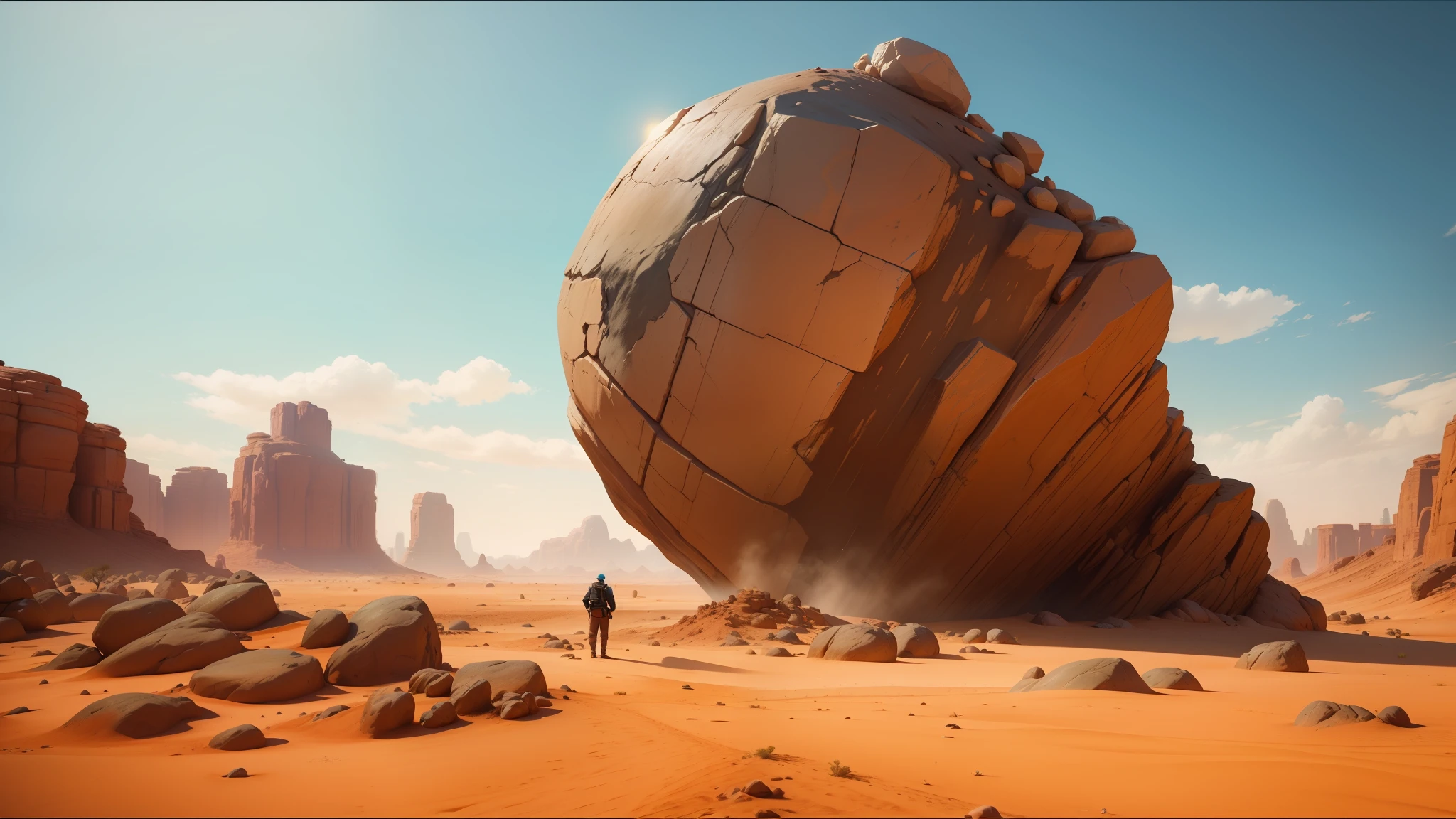 there is a man standing in the desert looking at a large rock, life  simulator game screenshot, stylized pbr, holding the earth, inspired by  Charles H. Woodbury - SeaArt AI