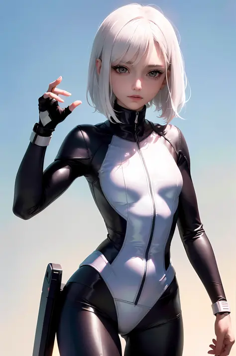 ((top quality, 8k, masterpiece: 1.3)), 1 woman with perfect figure: 1.4, slender abs: 1.3, ((white hair, small breasts: 1.2)), (wearing pilot suit: 1.5), highly detailed face and skin texture, detailed eyes, closed left eye, hide left arm