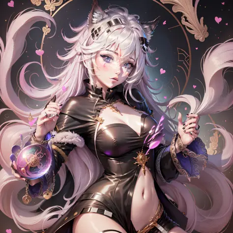 Prompt: Masterpiece } Top quality, Ultra HD, cute, pink main color, (Tarot: Lovers), (1Girl), (pink bubbles, hearts), (fan long hair), gorgeous backgrounds, (love, feathers), {beautiful composition, (character optimization)}, (studio quality), Gongbi drawi...