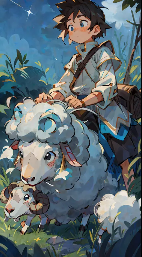 Prairie, a boy riding on the back of a sheep, knight, night, starry