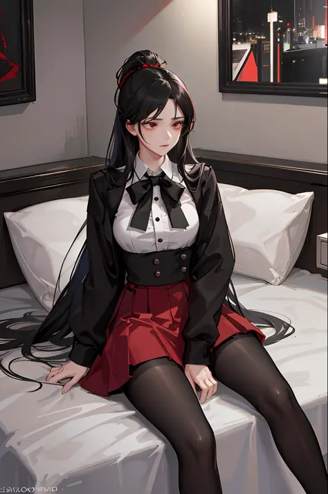 (((1 girl)),ray tracing,(dim lighting),[detailed background (bedroom)),((black hair)),((black hair)),(black hair, busty and slen...