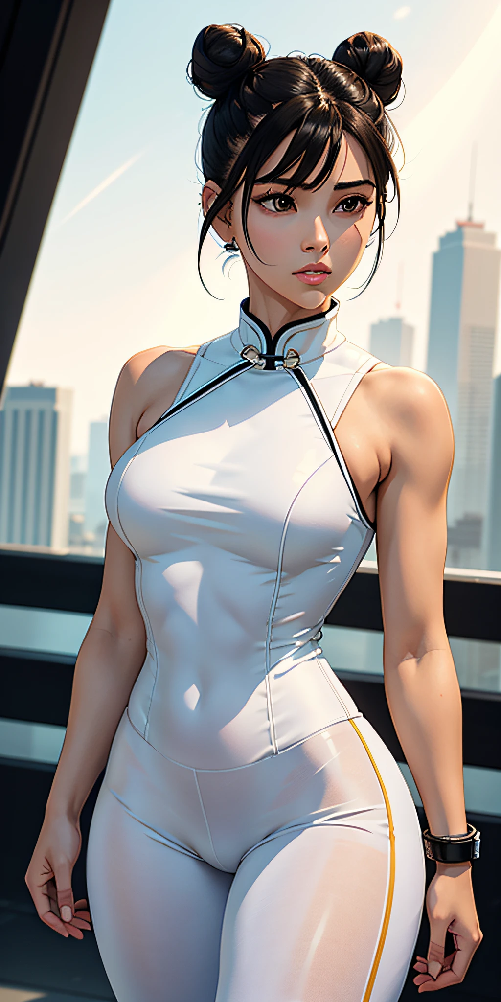 (masterpiece), best quality, ultra-detailed, extremely realistic (perfect face),clear jawline, beautiful (brown eyes), (beautiful lips), (athletic), (sexy), (thick thighs), (perfect hands), (white cheongsam), (medium full shot photo),((short black hair)), Bun hairstyle(double bun), (perfect anatomy), tight white track pants, spiky bracelet, fighting arena background, watch viewer, (real), foggy rendition.