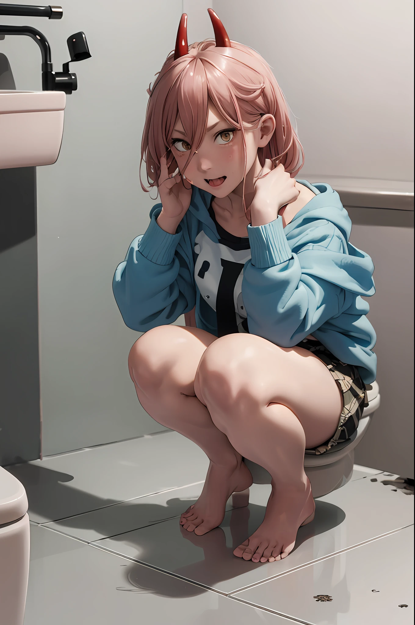 1chicq,beautiful,cute,((squatting pose on a toilet)),watching the viewer, embarrassed,full body,dirty bath,pink hair,horns,cross eyes,in underwear, thighs, grabbing toilet paper