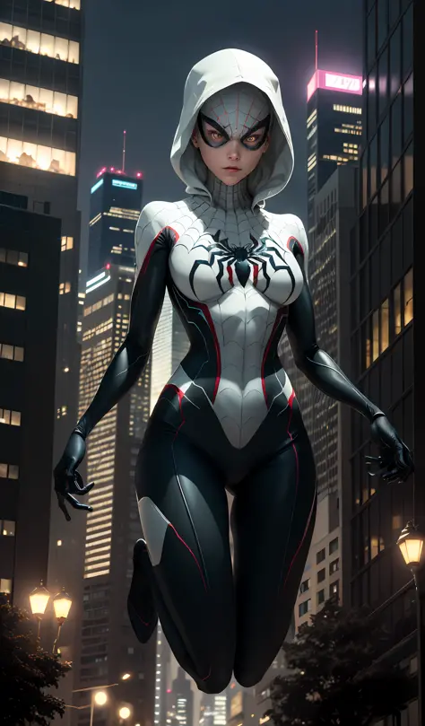 Ghost spider, Gwen wearing black clothing, spider in white chest center, organic clothing, sticky forehead, ((sandy urban environment): 0.8)|(cityscape, night, dynamic lights), (full moon))] # Note: The prompt mainly describes ultra-high-definition 4K pain...
