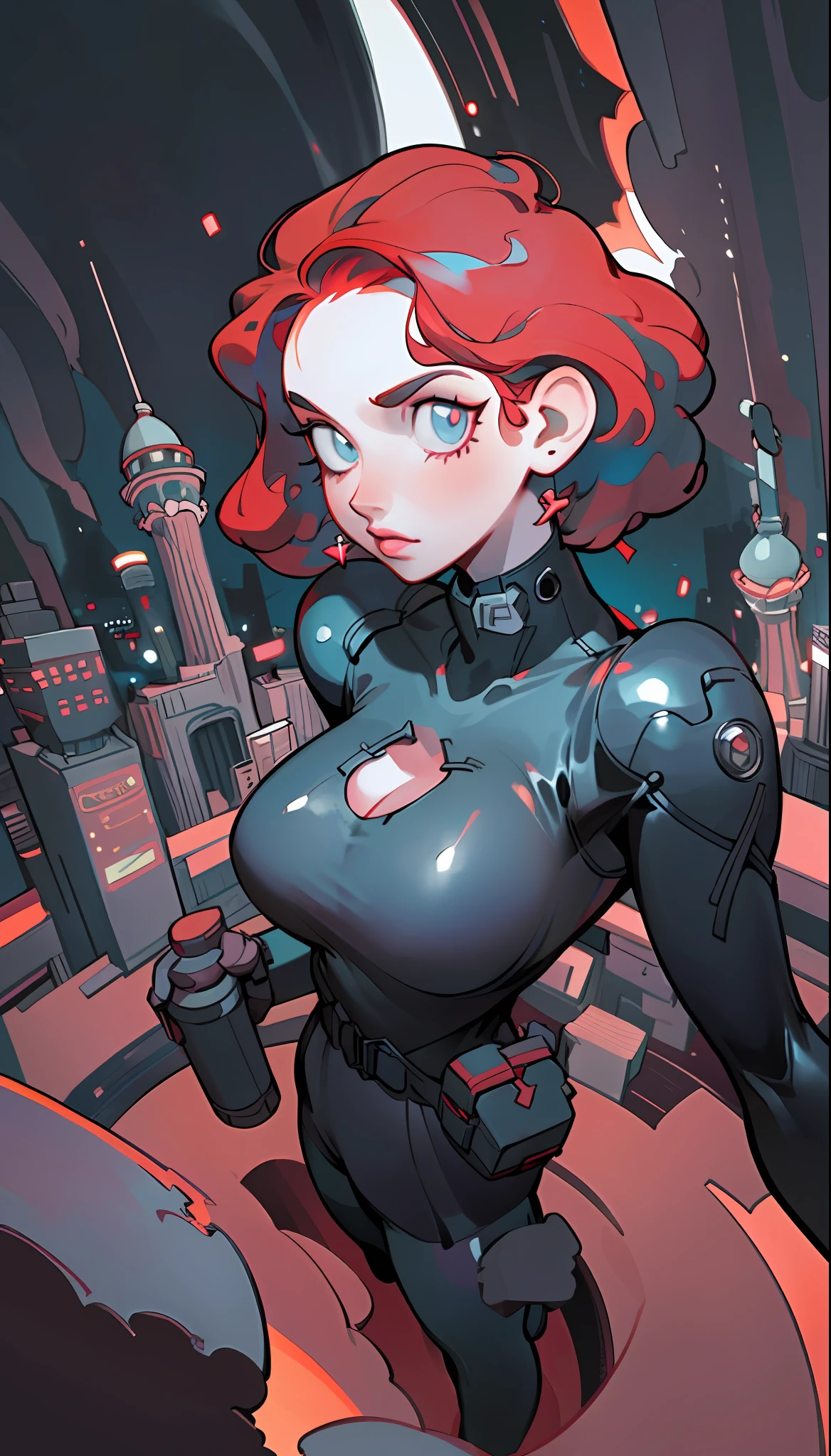 Black widow, short hair, pure black leather tights, pure red hair, looking down from above, full body, perspective composition, exaggerated composition, perfect composition, close up of face, perfect eyes, large perspective, dynamic composition, city in background, neon lights, night