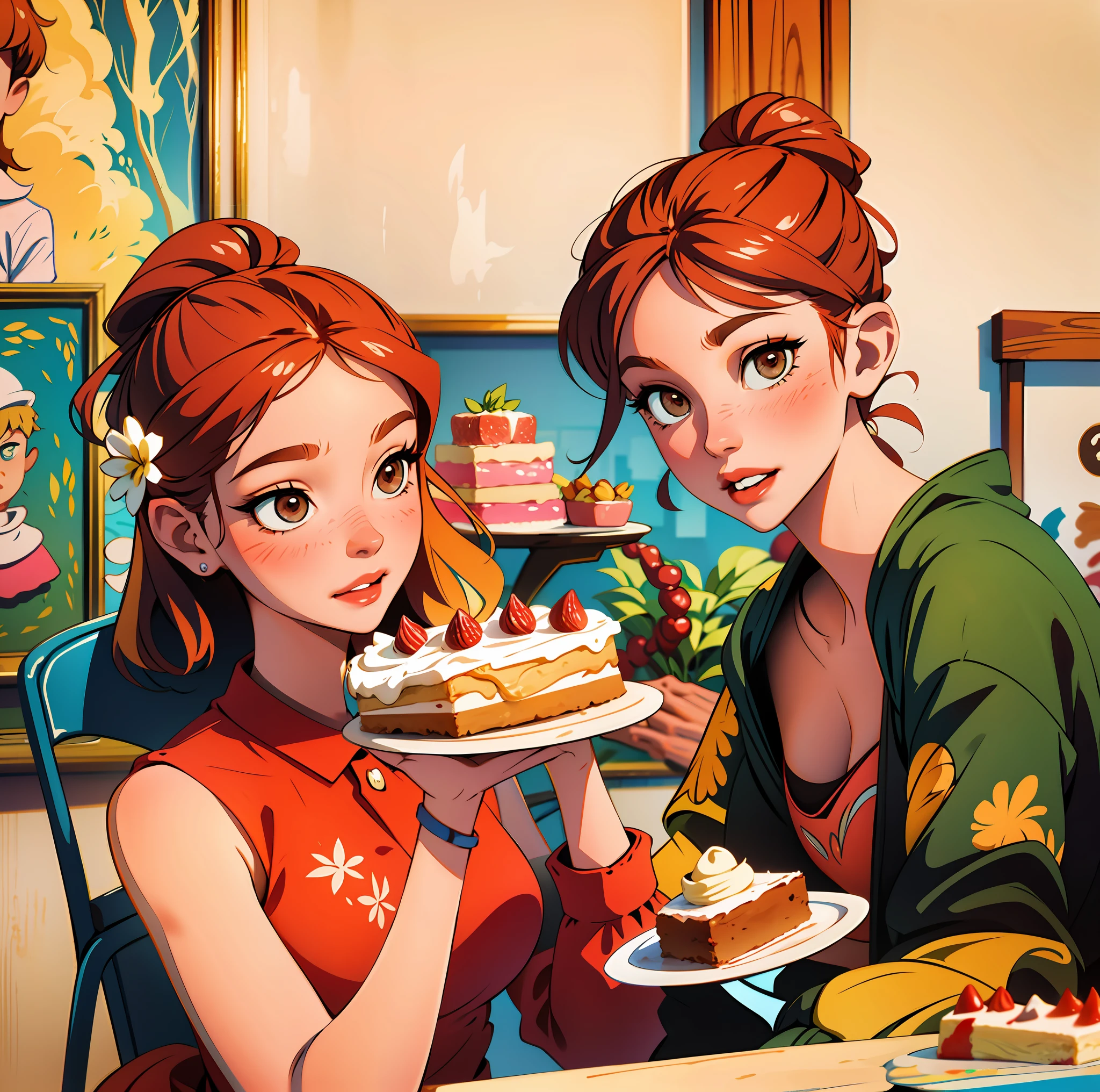 Anime - ilustração estilo de duas mulheres comendo bolo em uma cozinha -  SeaArt AI