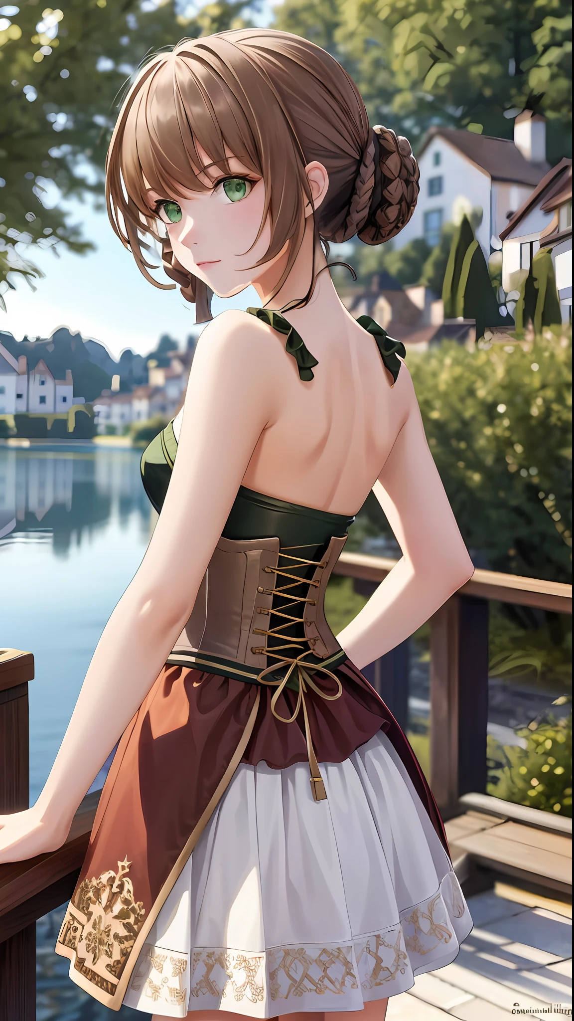 masterpiece, ultra high quality CG, best quality, perfect picture, solo, Duvalie (brown hair with braided buns, green eyes, bustier, cute, small breasts), photo from behind, nice ass, sexy, all on four, at lakeside, a medieval lakeside town