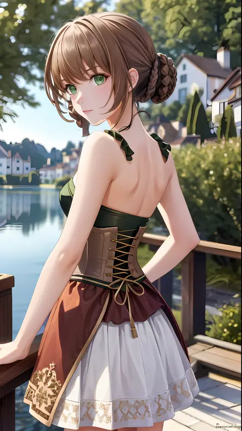 masterpiece, ultra high quality cg, best quality, perfect picture, solo, duvalie (brown hair with braided buns, green eyes, bust...