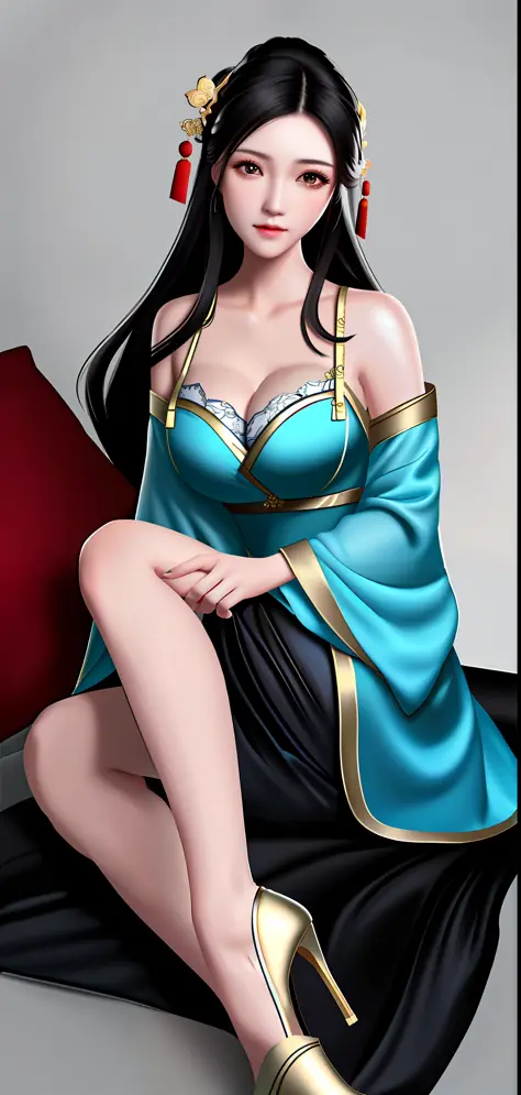 obsessed eyes, wife, milf, chinese style, long black hair, cyan clothes, elegant temperament, lingerie, big breasts, half nude, beautiful legs, black high heels, chest close-up, high quality, detailed, hd, throw pillow picture