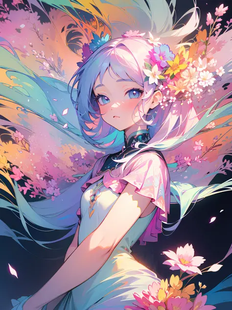 masterpiece, high resolution, super detailed, 1 girl, solo, highly detailed eyes, (official art, beautiful and aesthetic: 1.2), (fractal art: 1.3), colorful, pastel colors, (lots of flower effects: 1.4), lots of petals, beautiful light
