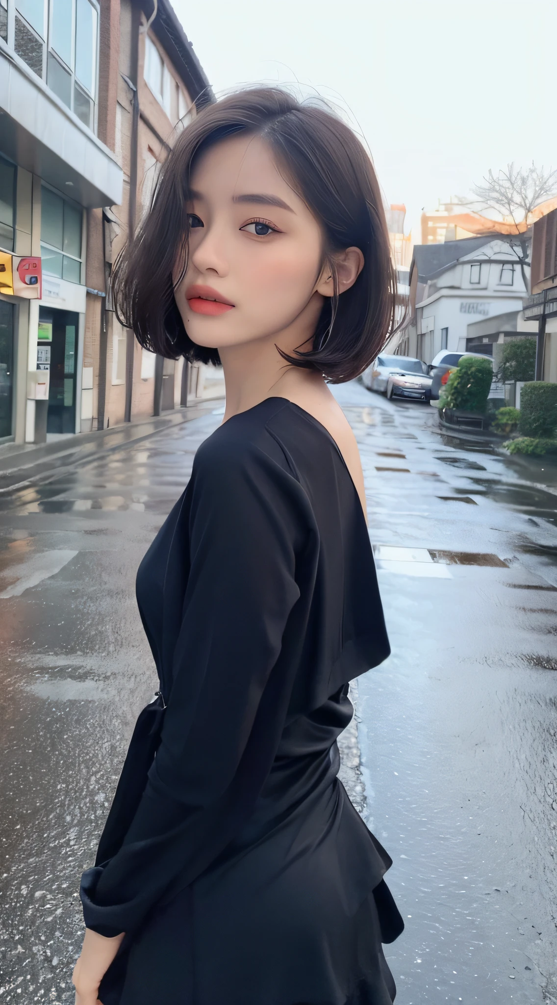 (Top Quality, 8k, Masterpiece: 1.3)), Focus: 1.2, Perfect Body Beauty: 1.4, Ass: 1.2, ((Layered Haircut, Chest: 1.2)), (Black Wetwear: 1.1), (Rain, Street: 1.3), Bando Dress: 1.1, Highly Detailed Face and Skin Texture, Fine Eyes, Double Eyelids, Whitened Skin, Long Hair, (Silent: 1.3), Snowy landscape in the background