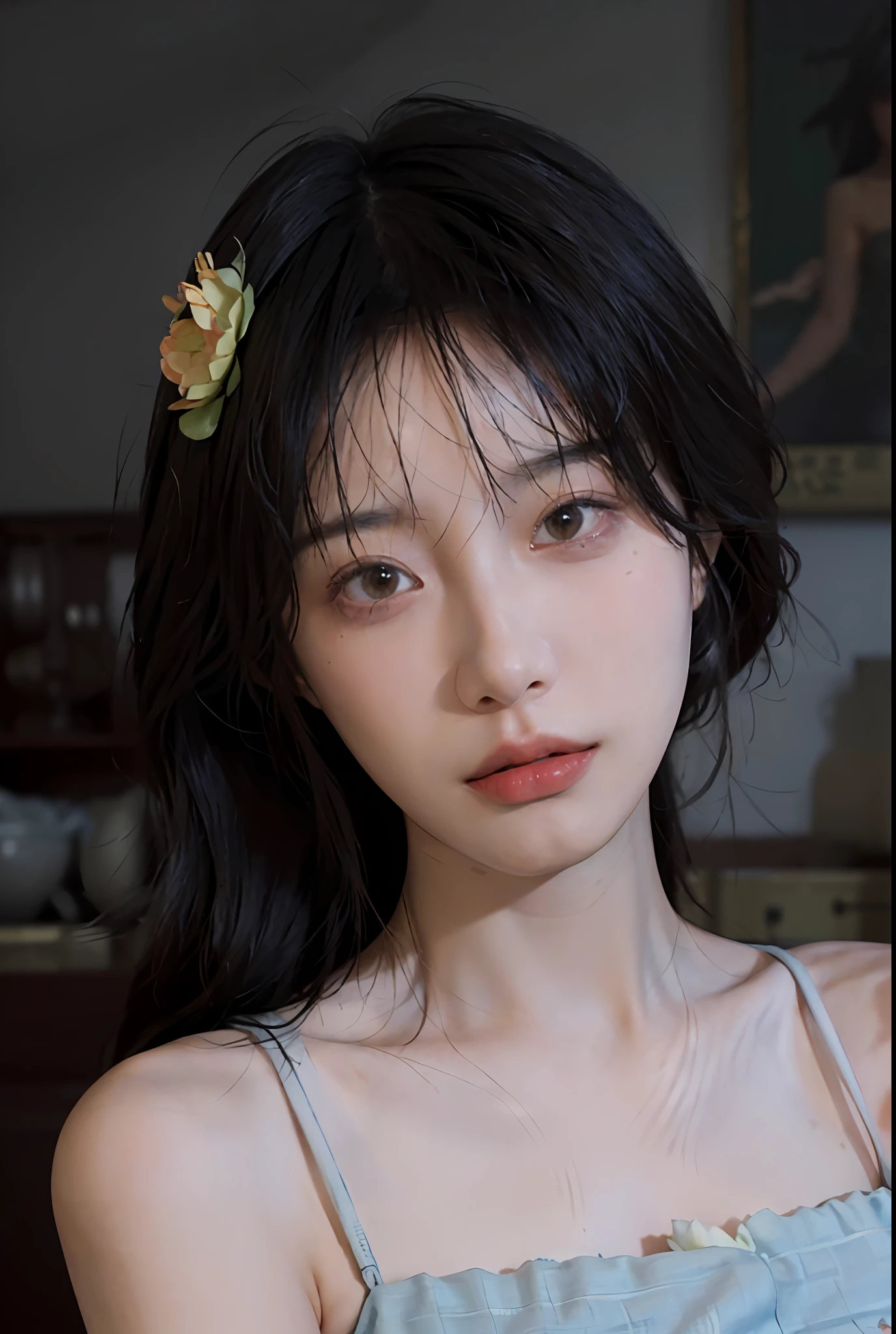 8K, Best Quality, Masterpiece, Ultra High Resolution, (Realism: 1.4), Original Photo, (Real Skin Texture: 1.3), (Film Grain: 1.3), (Selfie Angle), Broken Flower Chiffon Dress, 1 Girl, Beautiful Eyes and Face Details, Masterpiece, Best Quality, Close Up, Upper Body,