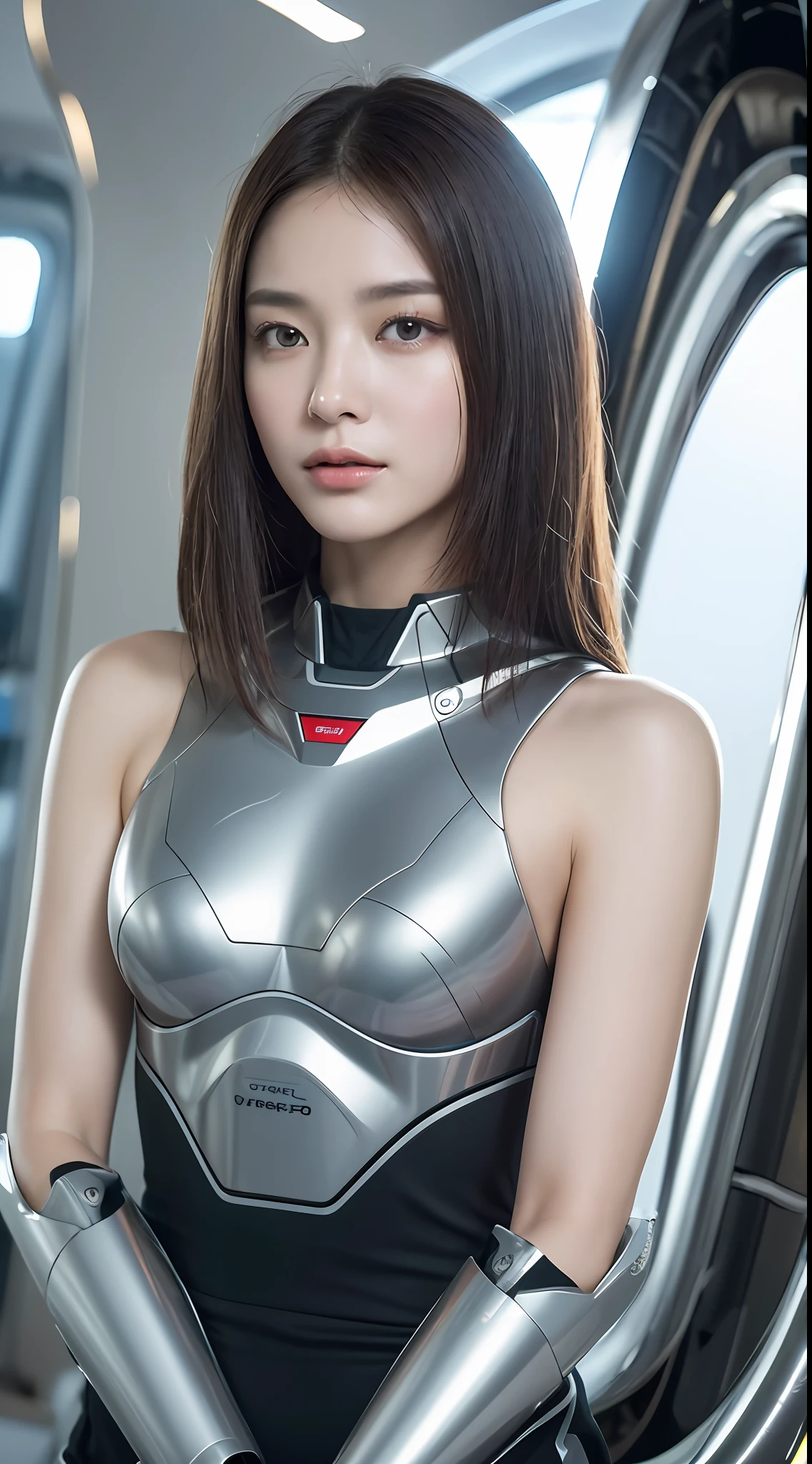 Top quality 8K ultra high definition work, masterpiece: 1.3, sharp focus: 1.2, one robot. The face is a human woman. The fuselage of the machine. 1 metal tube from shoulder to chest, (natural color, photo, 8K)