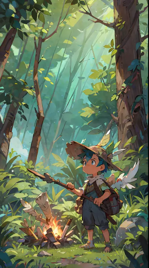Jungle, a boy, hat with feathers, spear in hand, night, campfire, tent, Zelda dressed up, starry