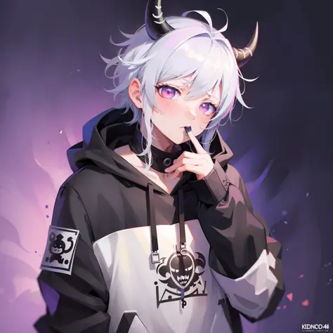 horned boy in hoodie, index finger to mouth, facing camera, upper body, cow sticker, key anime art, danganronpa digital art, ani...