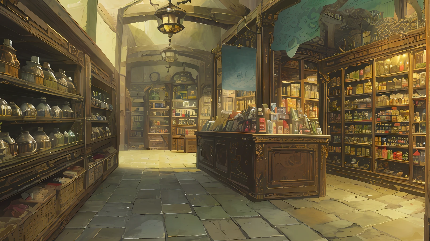 Award-winning masterpiece scene concept art ((solo)), (a Victorian steampunk style grocery store), Victorian decoration style, fantasy style, shop floor, various shelves filled with various bottles and jars of potions and books, various groceries and food, various weapons, cluttered shop, cityscape outside the window, Middle-earth, fantasy, detail, intricate, very detailed, digital painting, art trends, concept art, sharp focus, illustration, digital art, from The Lord of the Rings.