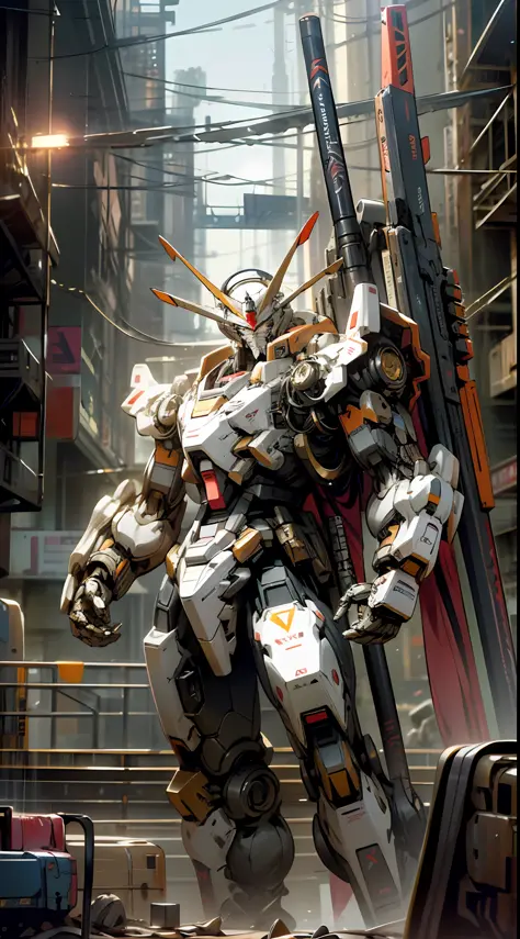Gundam Mecha, Orange Rune Surrounds, Orange Rune Floats, Orange and White Intersect, Dark_Fantasy, Cyberpunk, (Best Quality, Masterpiece), On the Moon, 1 Man, Mechanical Marvel, Robot Presence, Cybernetics Guardian, City, Highest Quality, Stunning Art, Wallpaper 4k, Highly Detailed, Military Robot, Army, Warzone, , Highest Quality Digital Art, Wallpaper 4K, 8K, 64K, HD, Unbeatable Masterpiece, Dynamic Lighting, Movie, Epic, Damaged mechanical parts, golden eyes, hand-held weapons, head surrounded by halos,