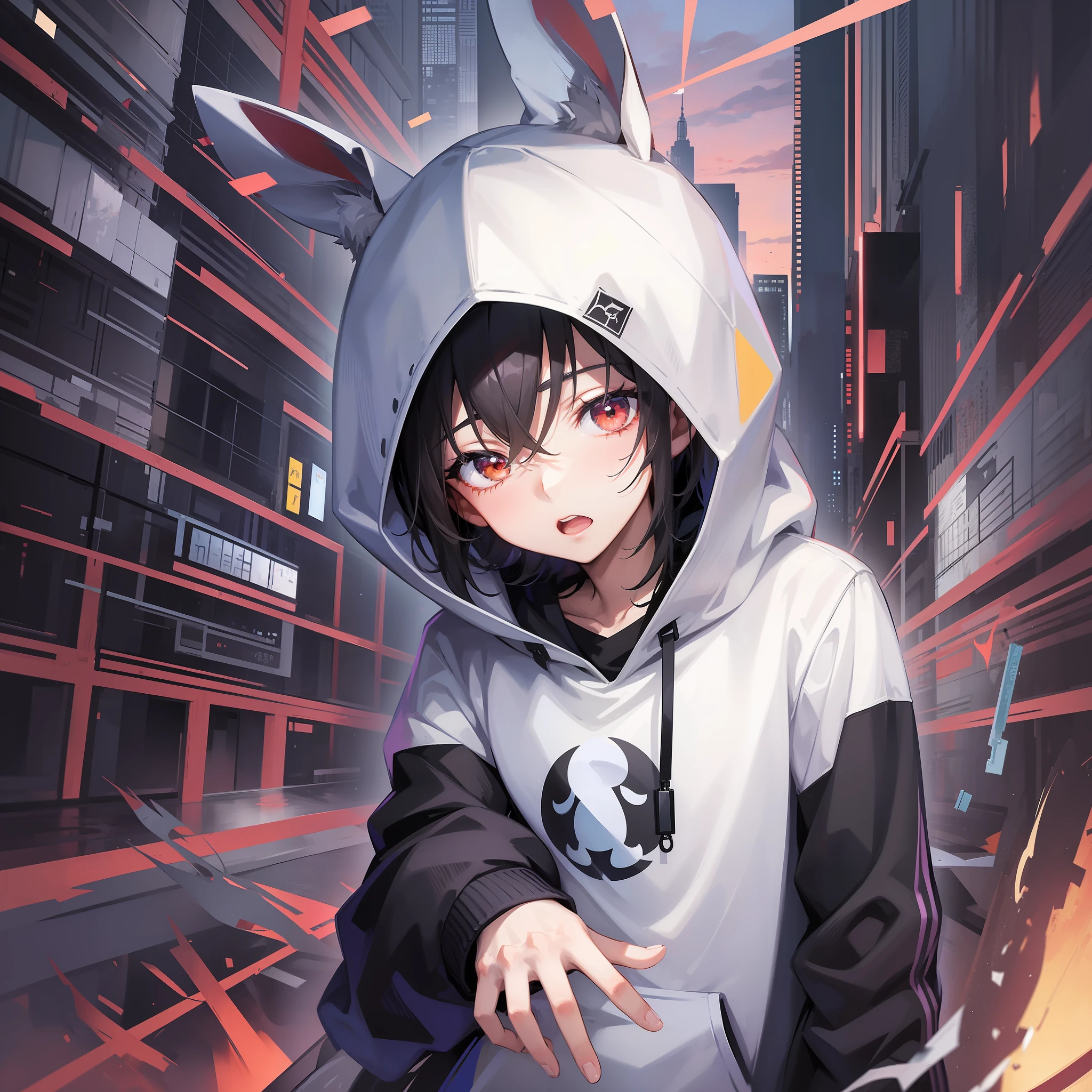 Boy in hoodie, index finger to mouth, facing camera, upper body, rabbit sticker, key anime art, digital art on projectile break, anime art wallpaper 8K, anime style 4K, badass anime 8K