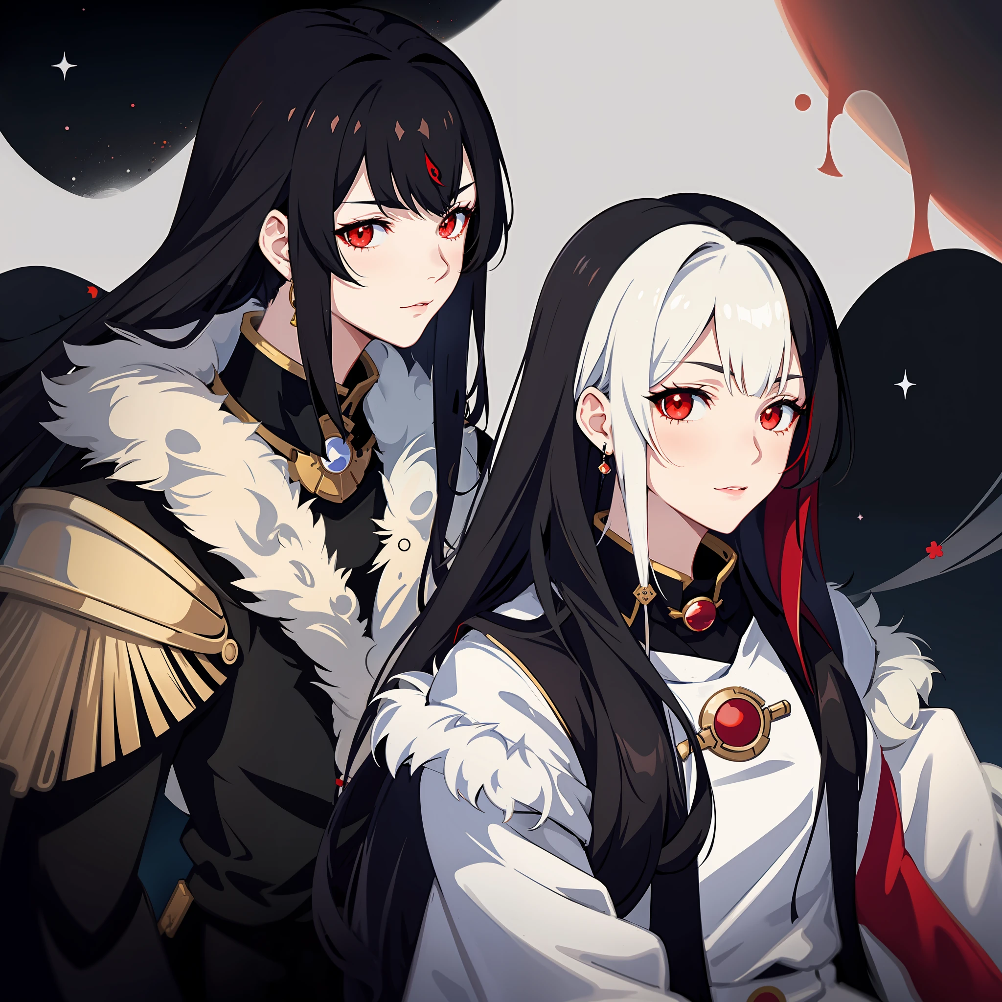 Anime characters with red eyes and black hair standing in front of a full  moon - SeaArt AI