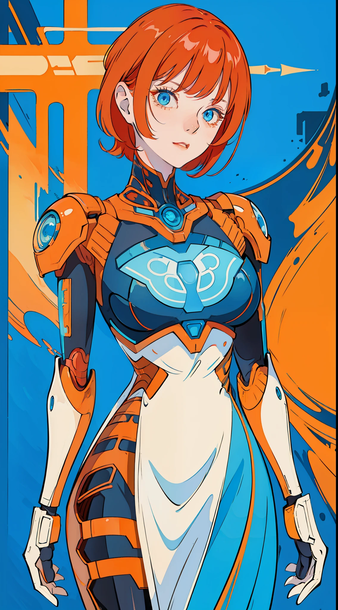 a female robot, with mostly metal humanoid body, short red hair, (((blue eyes))), in a pubite, elegant pose, (((wearing dress)))), (((ultra wide vision))), sunny and smoky, colors with orange palette