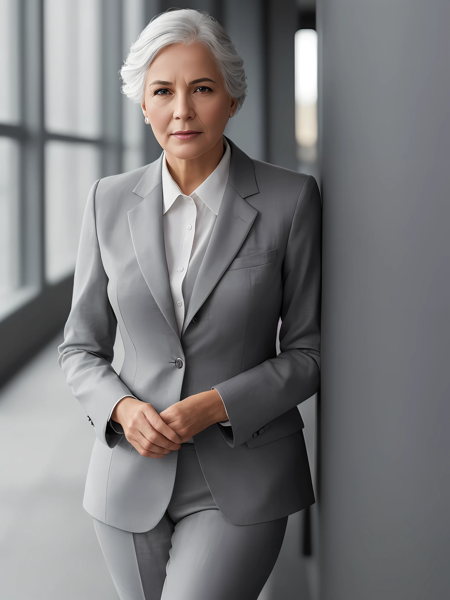 photo of a gray-haired woman in an elegant business suit, wide-frame photo, photo shoot style, exquisite, detailed, dramatic, elite, real world, (hard focus, 8 k), (((natural skin texture))), 8k textures, soft cinematic light, adome lightroom, photo lab, hdr, intricate, elegant, highly detailed, clear focus, (((cinematic look))), soothing tones, crazy detail, high detail, low contrast, soft cinematic light, dull colors, mixing exposures, HDR, fade, 35 mm, f/1.4, ISO64, f16, 25 sec.