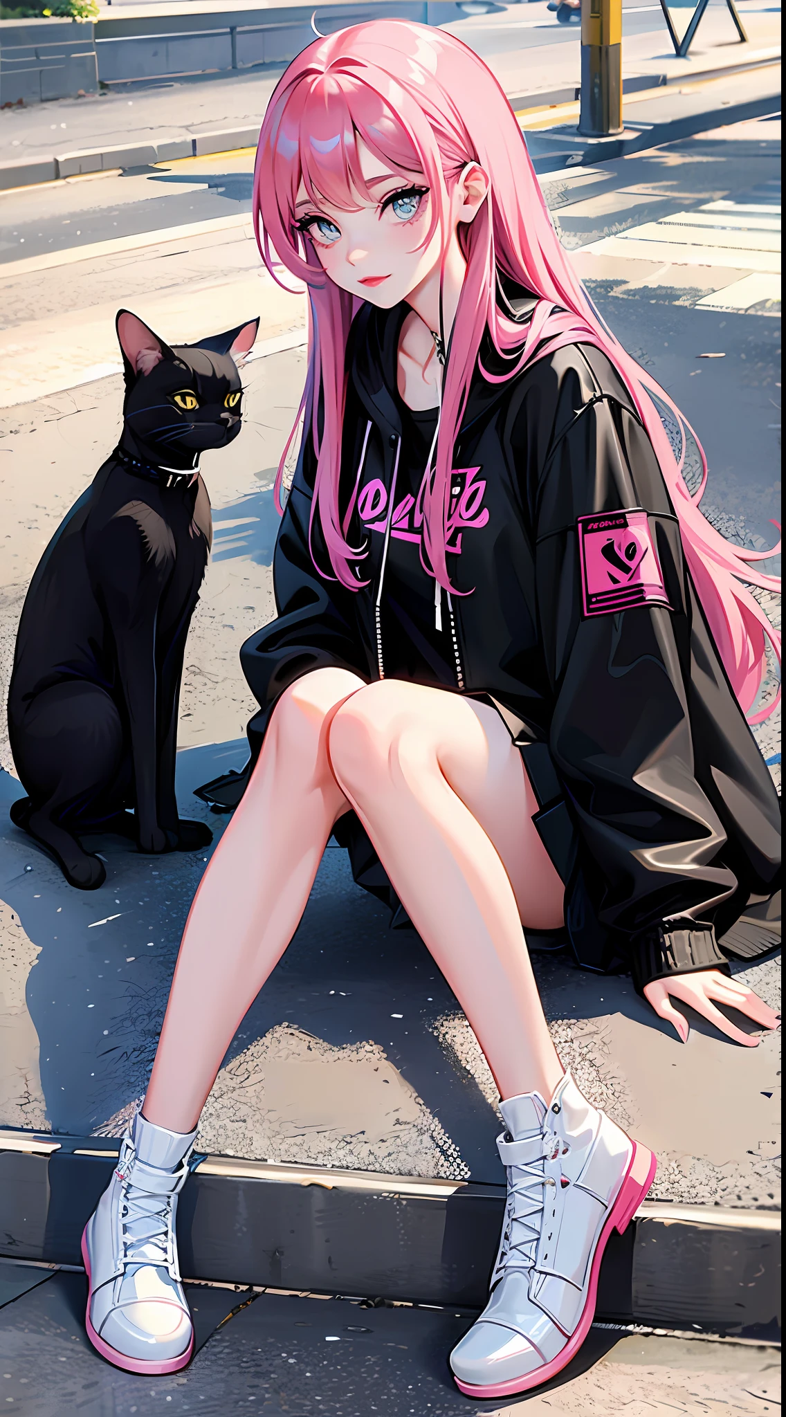 Anime girl with pink hair sitting on steps next to a black cat - SeaArt AI