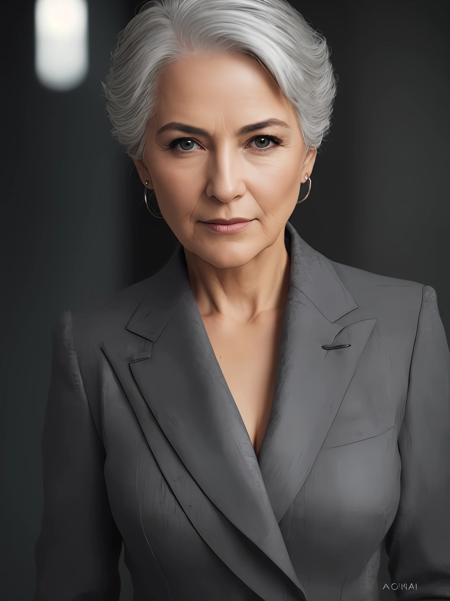 photo of a gray-haired woman in an elegant business suit, wide-frame photo, photo shoot style, exquisite, detailed, dramatic, elite, real world, (hard focus, 8 k), (((natural skin texture))), 8k textures, soft cinematic light, adome lightroom, photo lab, hdr, intricate, elegant, highly detailed, clear focus, (((cinematic look))), soothing tones, crazy detail, high detail, low contrast, soft cinematic light, dull colors, mixing exposures, HDR, fade, 35 mm, f/1.4, ISO64, f16, 25 sec.