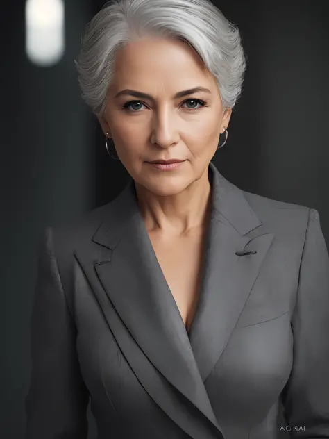 photo of a gray-haired woman in an elegant business suit, wide-frame photo, photo shoot style, exquisite, detailed, dramatic, elite, real world, (hard focus, 8 k), (((natural skin texture))), 8k textures, soft cinematic light, adome lightroom, photo lab, h...