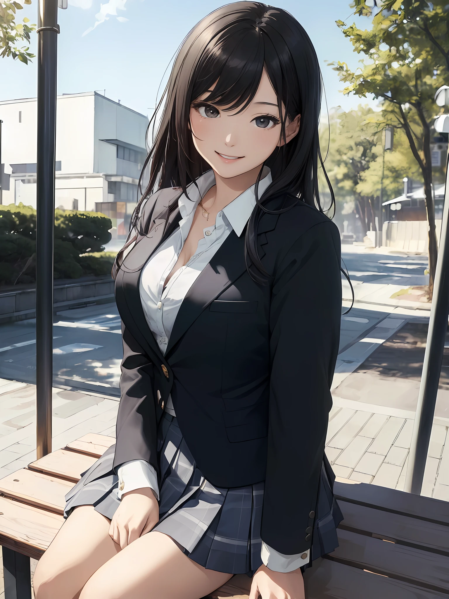 Anime girl sitting on a bench in a school uniform - SeaArt AI