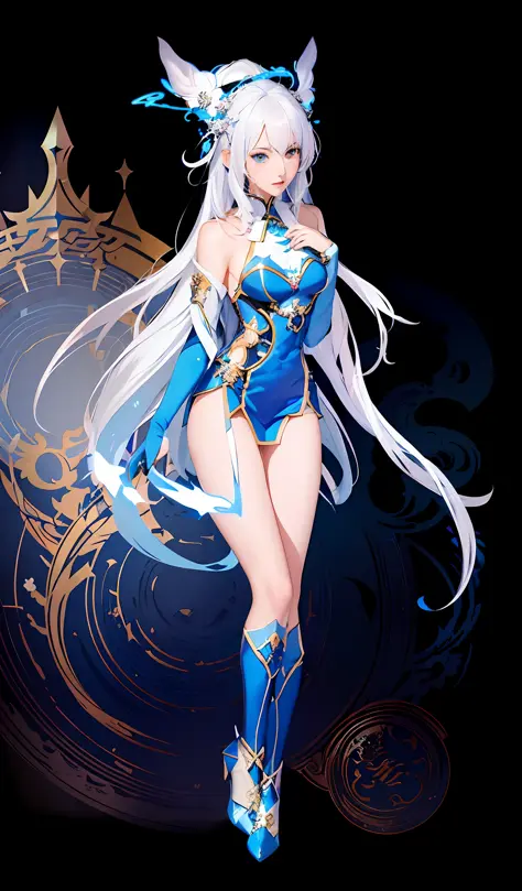 anime girl with white hair and blue outfit posing in front of a black background, cushart krenz key art feminine, knights of zodiac girl, portrait knights of zodiac girl, anime goddess, white haired deity, beautiful alluring anime woman, full body xianxia,...