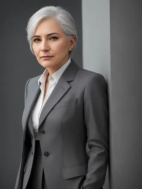 photo of a gray-haired woman in an elegant business suit, wide-frame photo, photo shoot style, exquisite, detailed, dramatic, el...