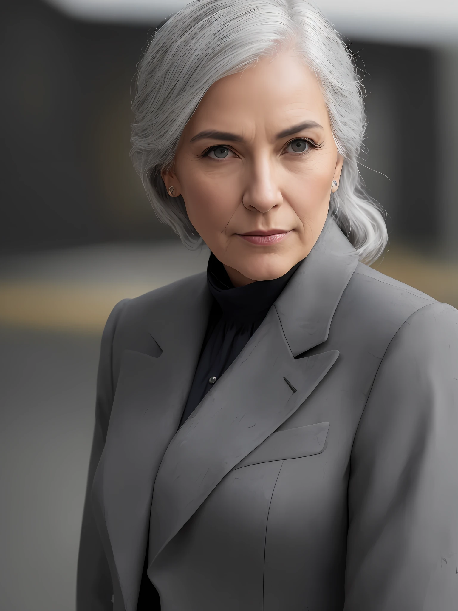 photo of a gray-haired woman in an elegant business suit, wide-frame photo, photo shoot style, exquisite, detailed, dramatic, elite, real world, (hard focus, 8 k), (((natural skin texture))), 8k textures, soft cinematic light, adome lightroom, photo lab, hdr, intricate, elegant, highly detailed, clear focus, (((cinematic look))), soothing tones, crazy detail, high detail, low contrast, soft cinematic light, dull colors, mixing exposures, HDR, fade, 35 mm, f/1.4, ISO64, f16, 25 sec.