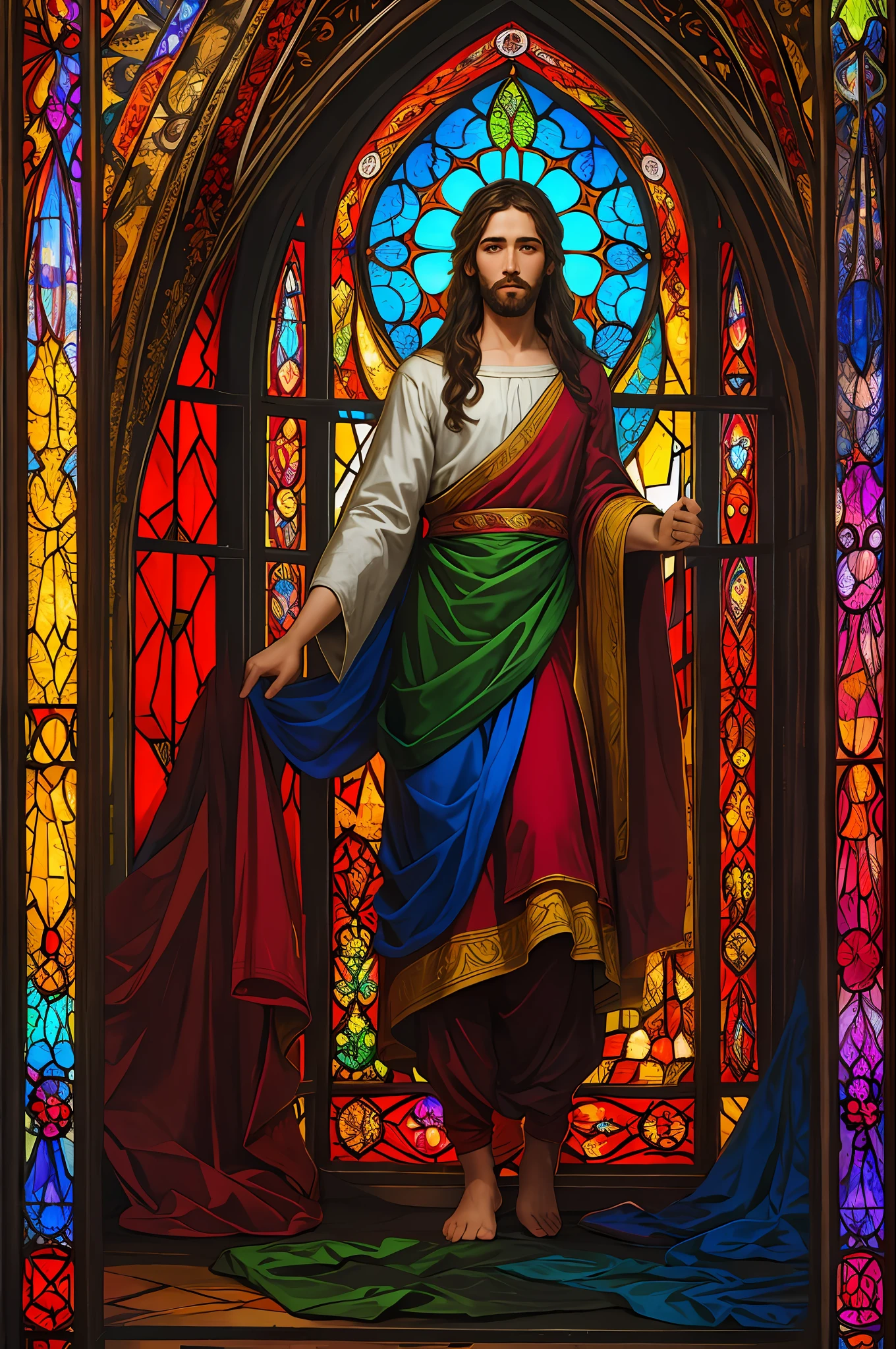 (Masterpiece, Best Quality, Best Quality, Official Art, Beautiful and Aesthetic: 1.2), (JESUS: 1.3), BREAK Stained Glass Art, Colored Glass, Lead Line, Light Transmissivity BREAK Vivid Colors, Intricate Design, Luminous Effect, Spiritual Atmosphere,