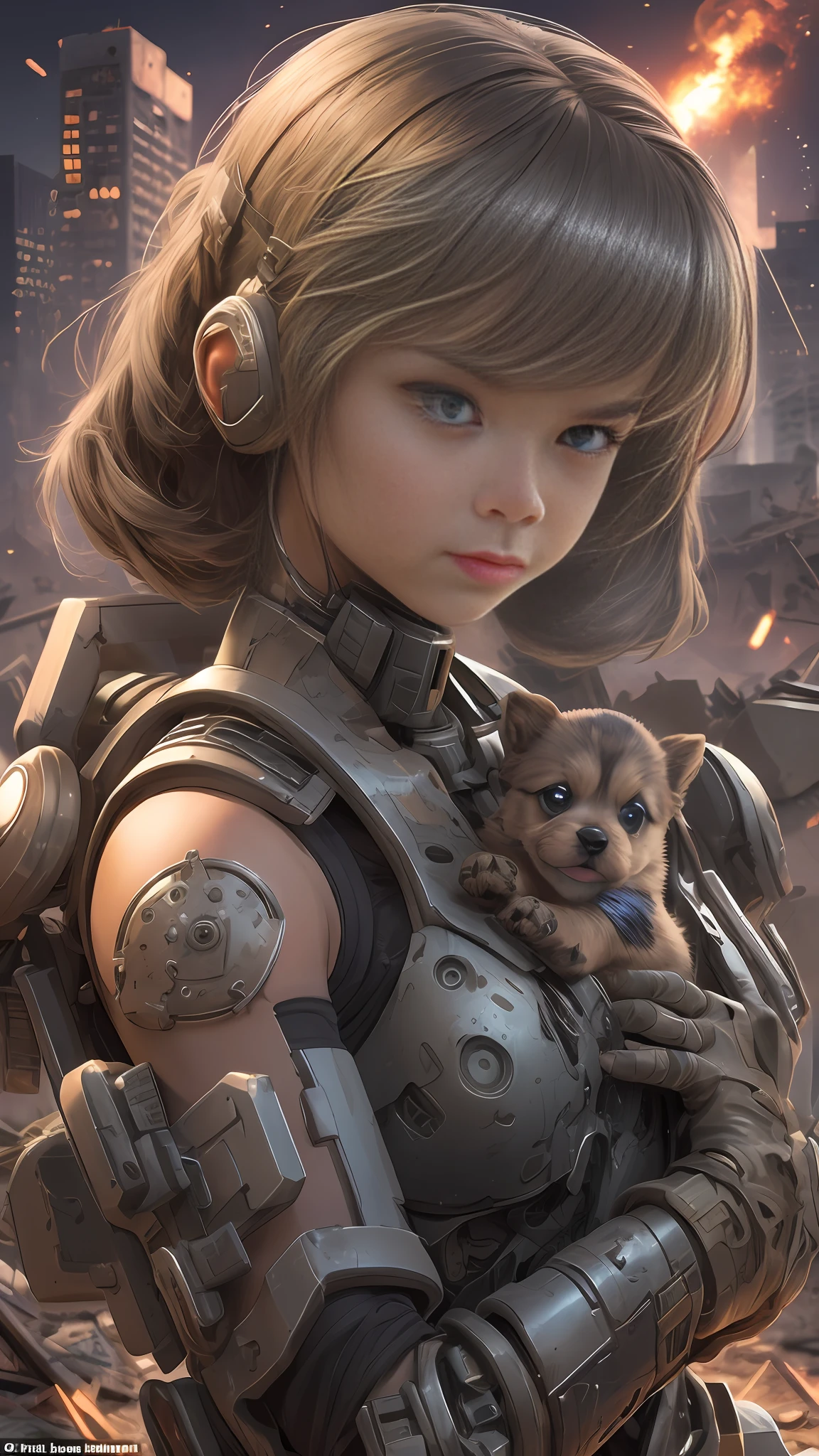 Amidst the haunting remains of a war-torn city, a solitary figure emerges. A young half-cyborg girl, her right arm gleaming with intricate metallic circuitry, navigates the rubble with grace. She clutches a tiny puppy against her chest, the soft beating of its heart serving as a reminder of life's resilience in the midst of destruction --auto --s2